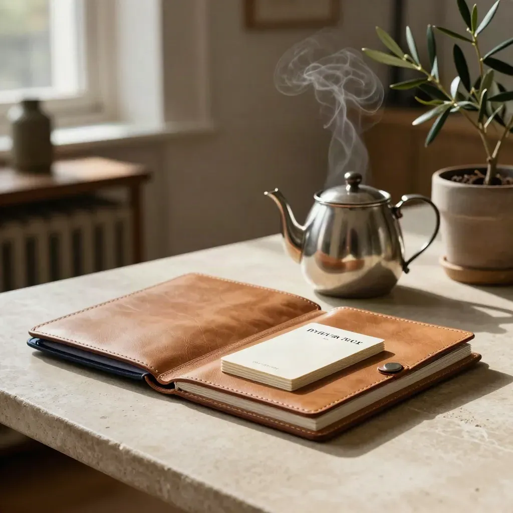 Warm studio still life with leather folio, teapot and olive plant in morning light.