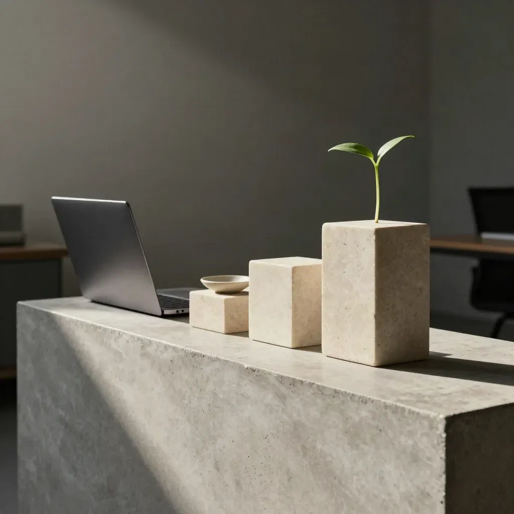 Stepped blocks, closed laptop, ceramic dish and sprouting plant on a concrete sideboard in morning haze.