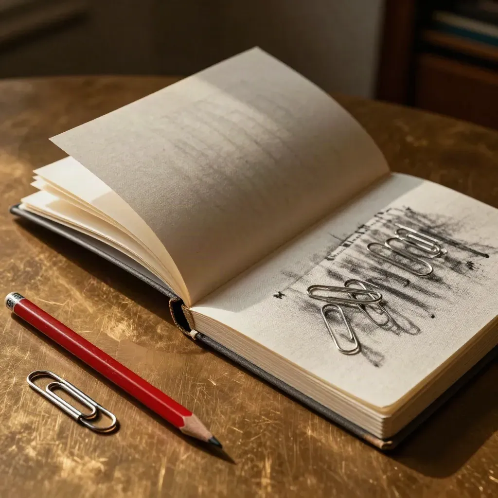 Top-down macro of reviewed pitch deck notes with pencil, paper clips, and linen notebook