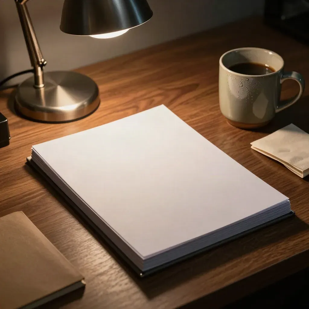 Overhead edit desk with binder, page stack, lamp and mug in warm office light