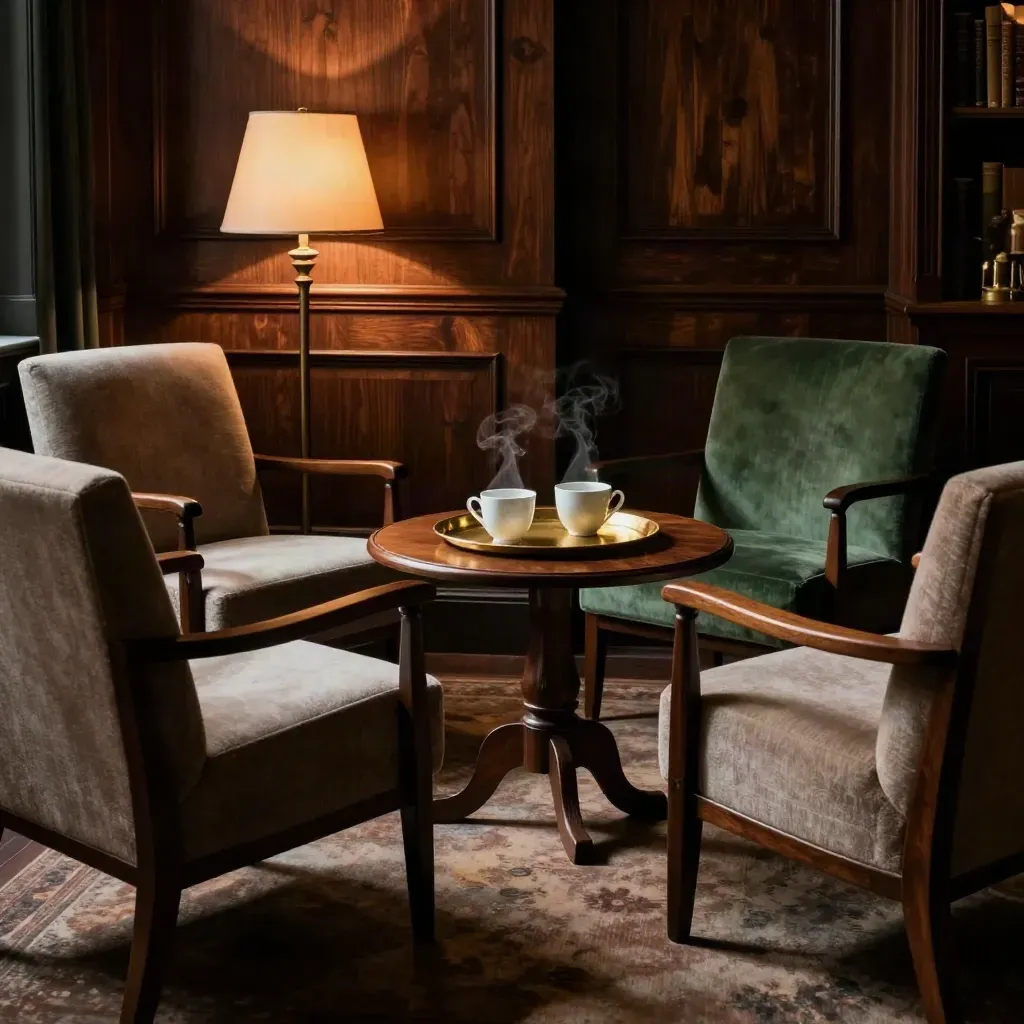 Empty lounge chairs and a library lamp around a brass tray and two cups in moody light