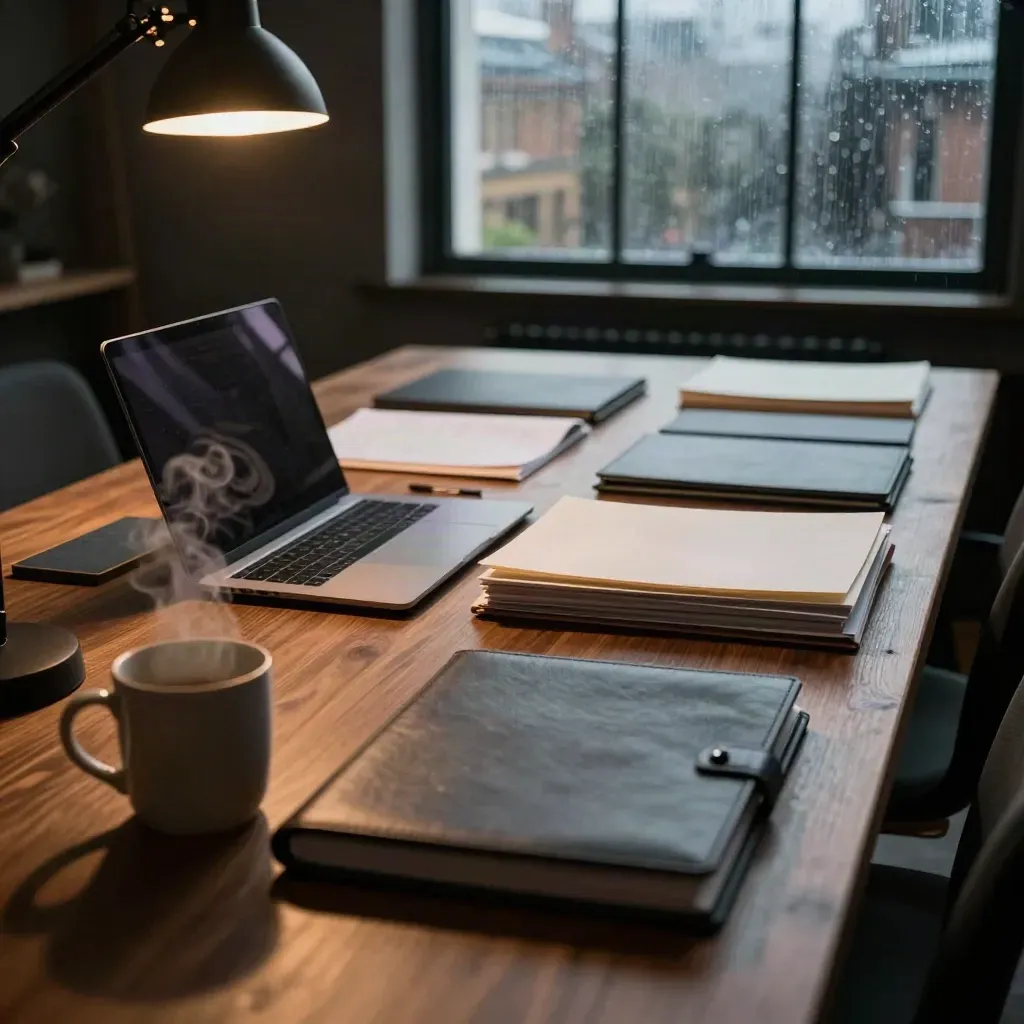 Rainy London studio table with closed laptop, face-down folders and a steaming mug at dusk
