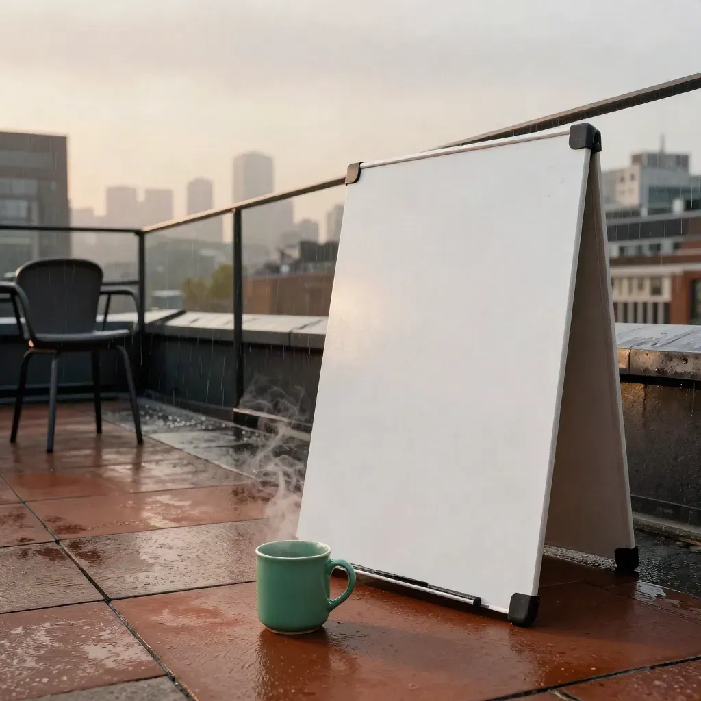 Rain-washed rooftop with folded whiteboard, two chairs, emerald mug, and misty London skyline at dawn.