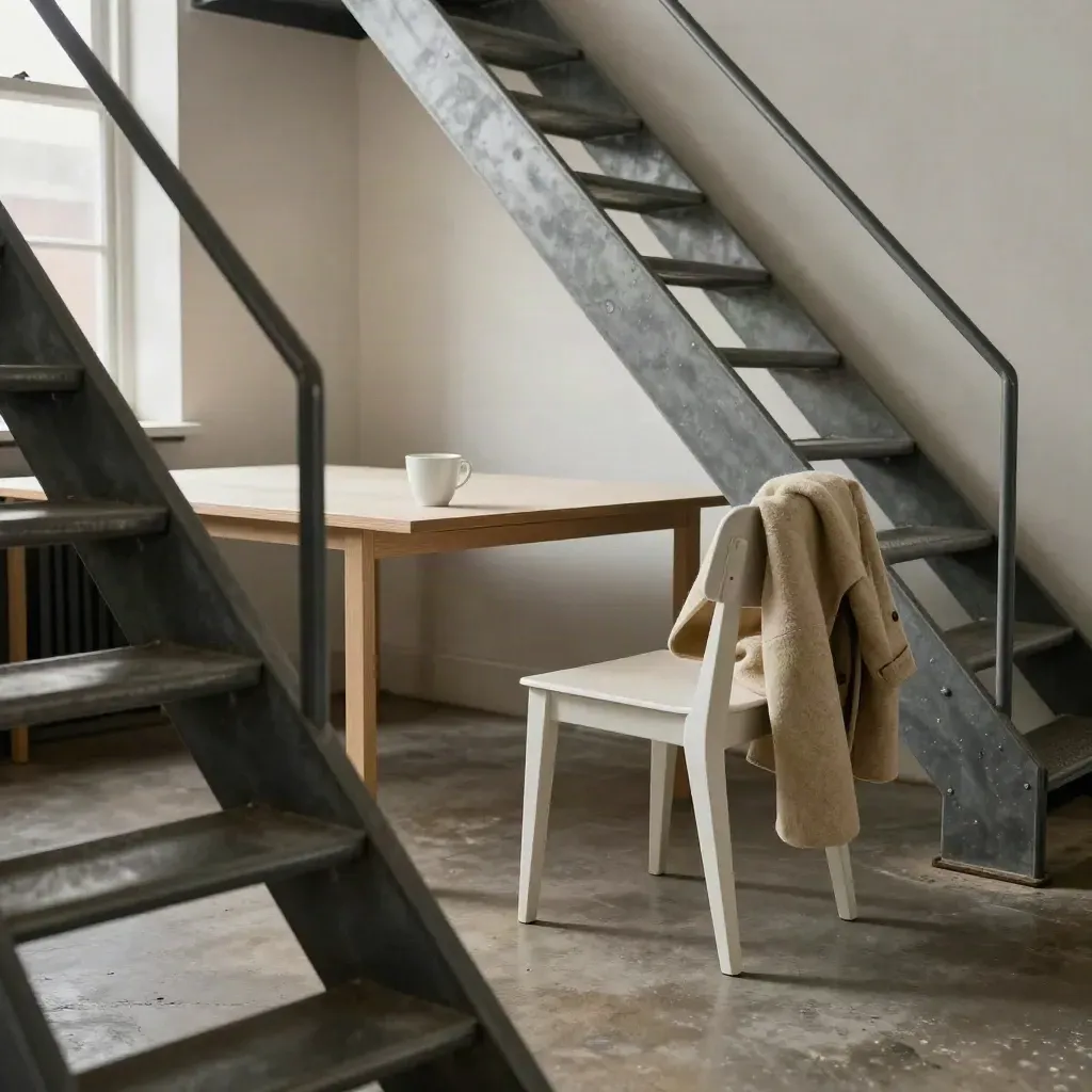 Steel stairs, long bench and ceramic cup in a Birmingham scale-up workspace with a coat on a chair.