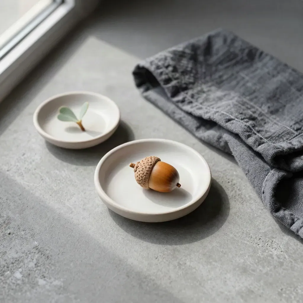 Overhead flatlay of a germinating acorn, slate cloth and tiny plant cutting on concrete.