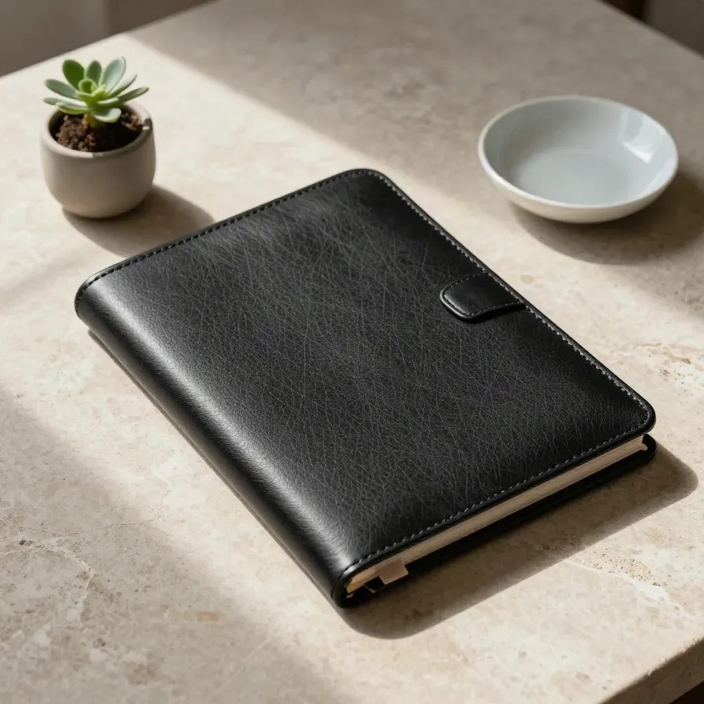 Black pitch deck folio with tabs, plant and white dish on a stone desk in soft side light.