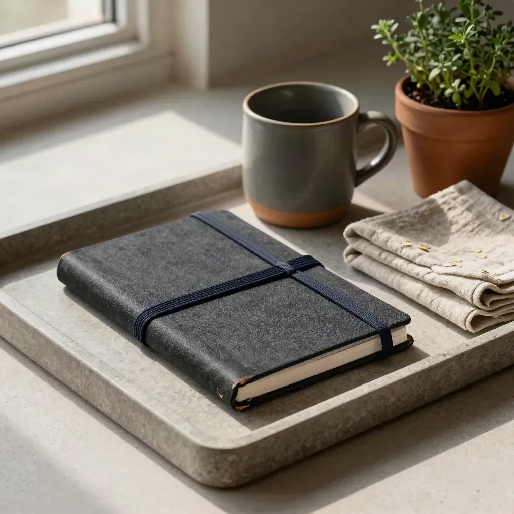 Notebook, mug, linen cloth and herb on a stone tray in warm light.